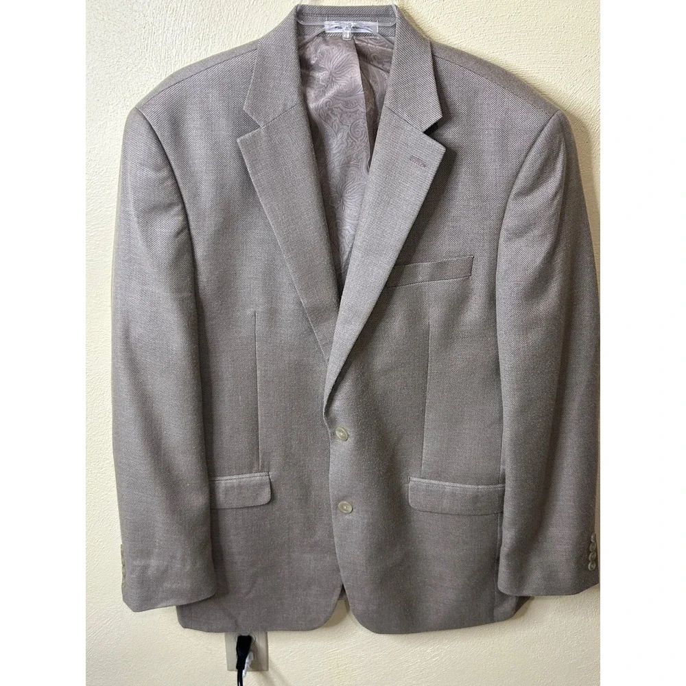 Chaps Mens 42L Blazer Sport Coat Tan Linen Blend Two Button Paisley Lining 42 L